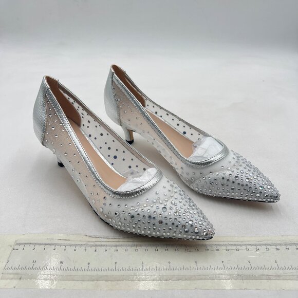 XYD Silver Pointed Closed Toe Slip On Mesh Pumps Rhinestone Kitten Heel Shoes - Picture 4 of 8